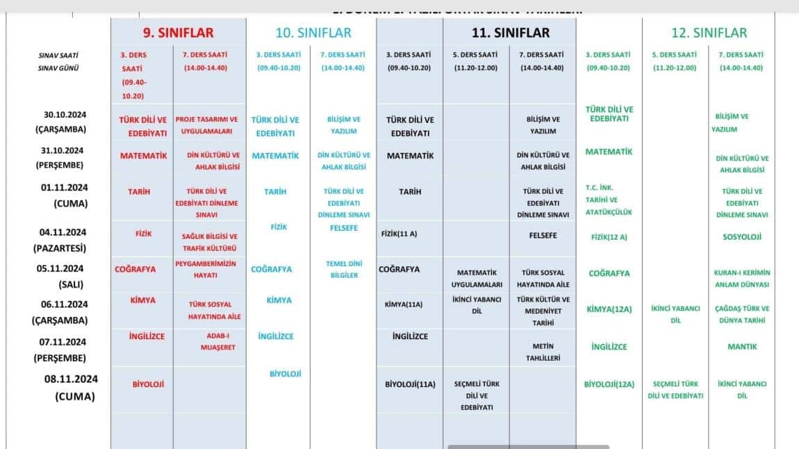 2024-2025 EĞİTİM ÖĞRETİM YILI 1.DÖNEM 1.SINAV TAKVİMİ